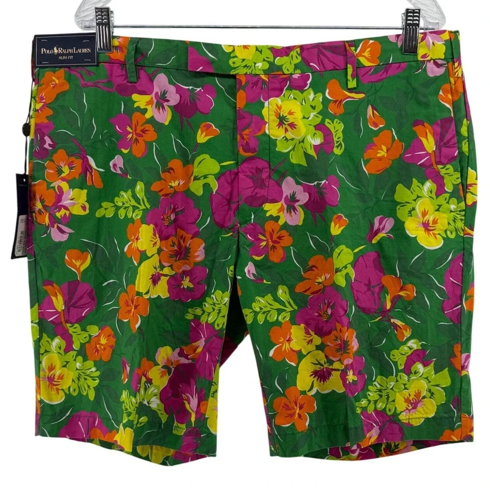 Polo Ralph Lauren Mens Slim Fit Floral Chino Shorts Green Pink Yellow SZ 38 NWT